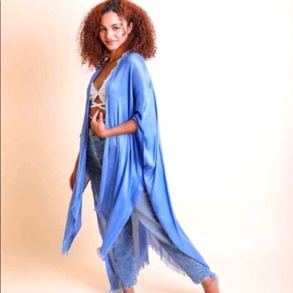 Blue Open Weave Draped Kimono Cardigan - Picture 1 of 1